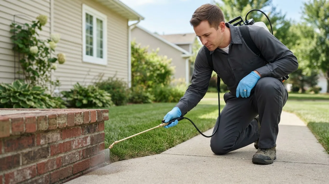 Pest control technician treating a home near Dewar, IA