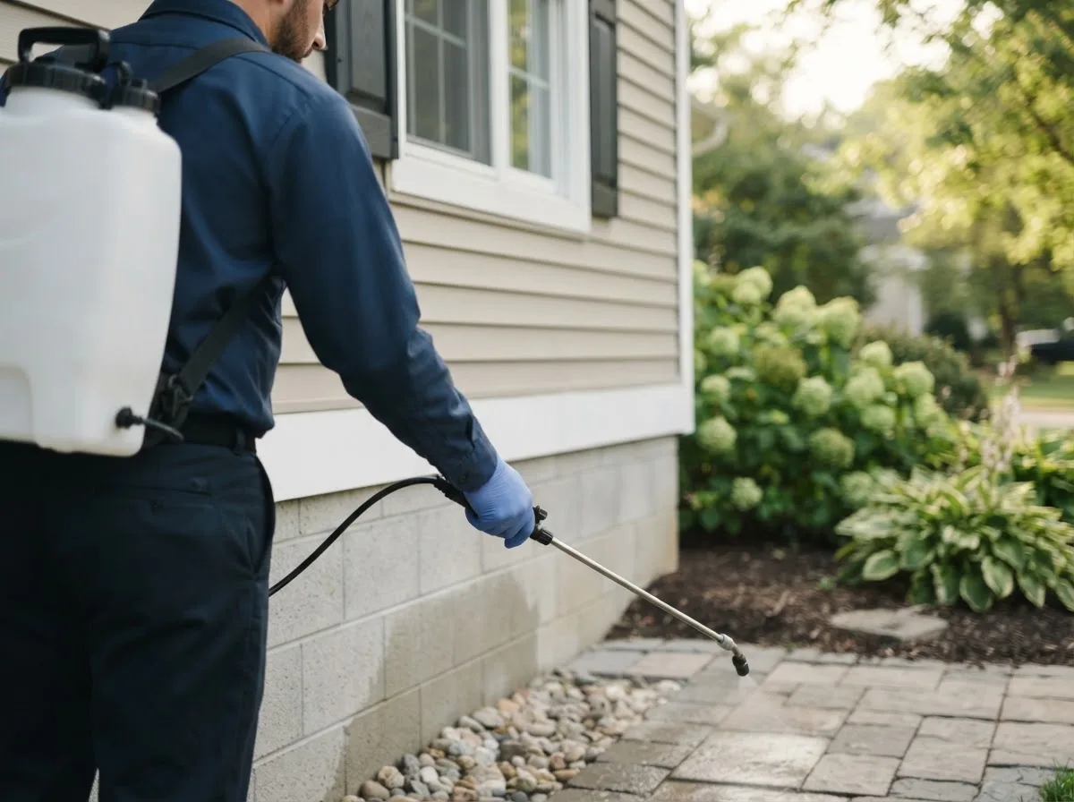 Pest control technician inspecting a home in Dewar, IA